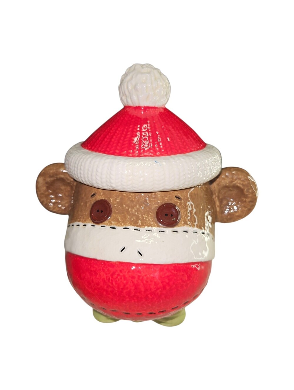 Christmas Sock Monkey Cookie Jar w Lid Ceramic Holiday Candy Treat Container...